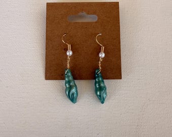 Blue resin shell dangle earrings with pearl! Handmade by me :)