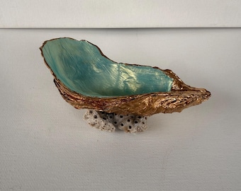 Jewelry/trinket holder - gold and aquamarine oyster on coral, found and handmade by me