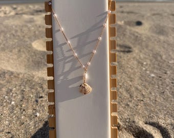 scallop shell necklace with gold beaded pearl chain!