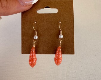 pink/coral resin shell dangle earrings with pearl! Handmade by me :)