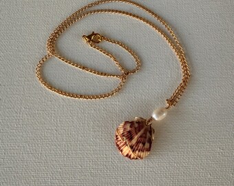 redish purple pattern scallop shell necklace with wave design and pearl on a gold chain! Shell found and necklace made by me!