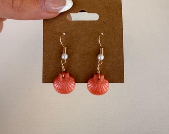 pink/coral resin shell dangle earrings with pearl! Handmade by me :)