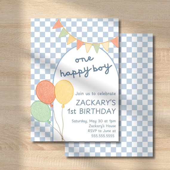 One Happy Boy 1st Birthday Invitation | Whimsical Checkered Invite (Digital Template)
