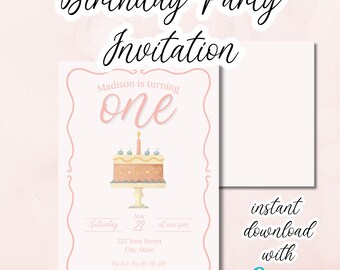 Könnte beinhalten: Rosa Geburtstagseinladung mit dem Text "Birthday Party Invitation" in Schreibschrift. Die Einladung zeigt eine Kuchenillustration und die Worte "Madison is turning one".