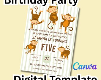 Könnte beinhalten: Eine digitale Geburtstagseinladungsvorlage mit Cartoon-Affen. Die Einladung enthält den Text "Birthday Party", "Savanna wird FÜNF", Datum, Uhrzeit und RSVP-Informationen. Das Canva-Logo ist sichtbar.