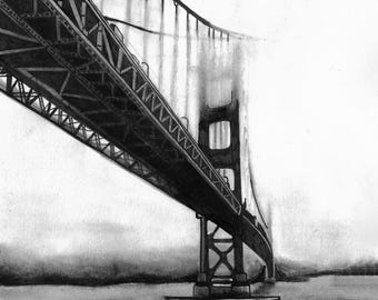 May include: A grayscale drawing of the Golden Gate Bridge, viewed from below. The bridge's intricate steel structure is detailed, with the water and sky rendered in soft tones. The perspective emphasizes the bridge's height and architectural design.
