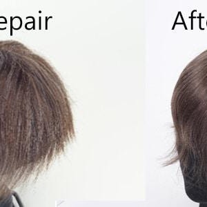 May include: Image comparison of a hairpiece before and after repair. The "Before Repair" image shows a frizzy, unkempt hairpiece. The "After Repair" image displays the same hairpiece, now styled with smooth, flowing hair.