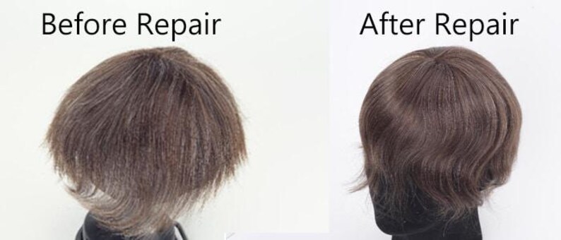 May include: Image comparison of a hairpiece before and after repair. The "Before Repair" image shows a frizzy, unkempt hairpiece. The "After Repair" image displays the same hairpiece, now styled with smooth, flowing hair.