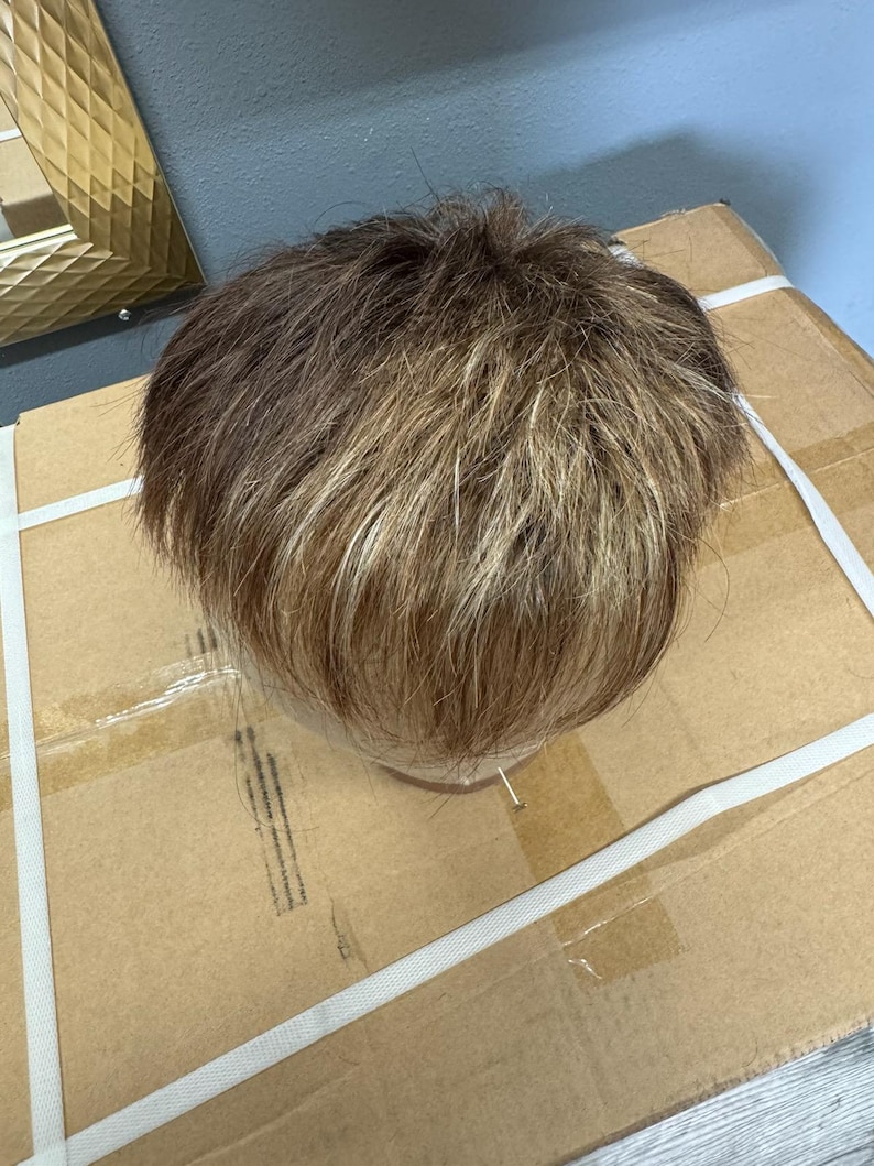 May include: A short, layered wig with brown and blonde highlights. The wig has a slightly tousled style, and is placed on a mannequin head. The wig is on a cardboard box.