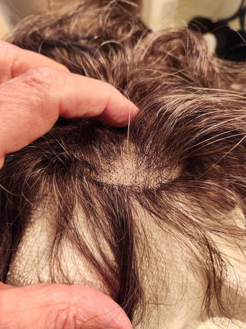 May include: Close-up of a dark brown wig with strands of grey hair. The wig's base is visible, showing a fine, mesh-like material. The hair is styled with slight waves and curls, giving a natural appearance. The wig is being held by a hand.