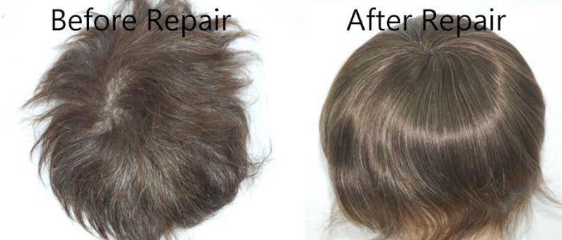 May include: Image showing a hairpiece before and after repair. The "Before Repair" image shows a tangled, dark brown hairpiece. The "After Repair" image displays a neatly styled hairpiece with a blend of brown and lighter highlights.