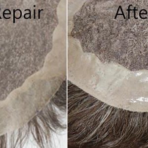 May include: A split image showing a hairpiece before and after repair. The left side shows the hairpiece before repair, with signs of wear. The right side shows the repaired hairpiece, looking refreshed. The text "Before Repair" and "After Repair" are visible.