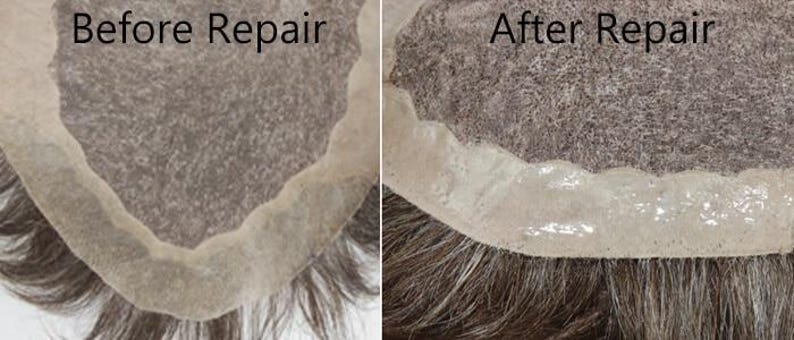 May include: A split image showing a hairpiece before and after repair. The left side shows the hairpiece before repair, with signs of wear. The right side shows the repaired hairpiece, looking refreshed. The text "Before Repair" and "After Repair" are visible.