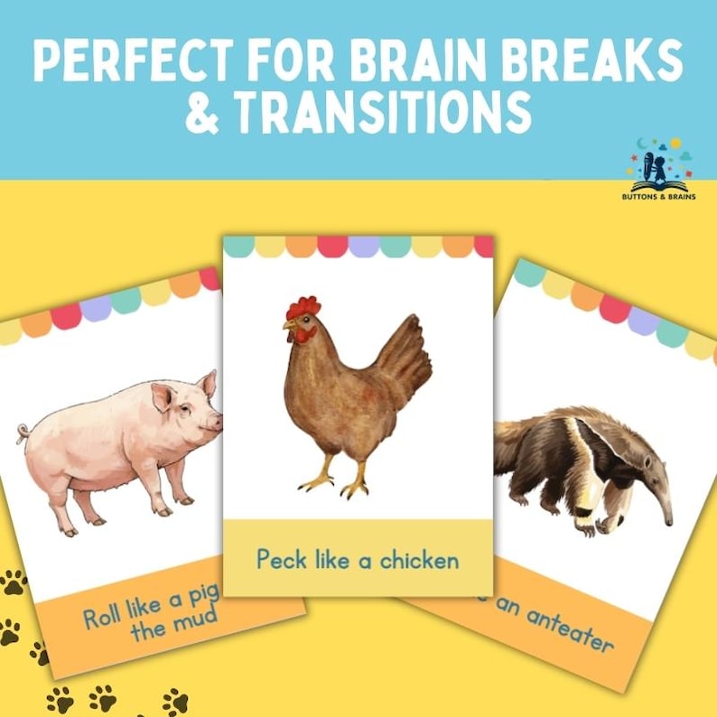 Puede incluir: Tarjetas educativas con ilustraciones de un cerdo, una gallina y un oso hormiguero. Los subt&iacute;tulos dicen "Roll like a pig in the mud", "Peck like a chicken" y "an anteater". El fondo es amarillo y azul, con el texto "PERFECT FOR BRAIN BREAKS & TRANSITIONS".