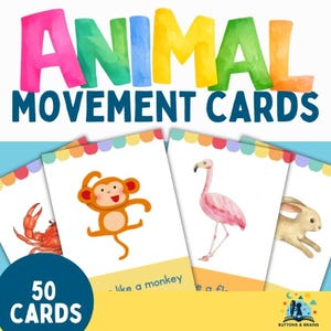 Puede incluir: Juego de tarjetas educativas "Animal Movement Cards" con ilustraciones de animales, incluyendo un cangrejo, un mono, un flamenco y un conejo. Las tarjetas est&aacute;n dise&ntilde;adas para el aprendizaje y presentan el texto "50 TARJETAS". El t&iacute;tulo est&aacute; en letras grandes y multicolores.