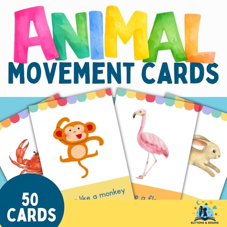 Puede incluir: Juego de tarjetas educativas "Animal Movement Cards" con ilustraciones de animales, incluyendo un cangrejo, un mono, un flamenco y un conejo. Las tarjetas est&aacute;n dise&ntilde;adas para el aprendizaje y presentan el texto "50 TARJETAS". El t&iacute;tulo est&aacute; en letras grandes y multicolores.