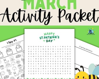 Paquete de actividades de marzo / Día de San Patricio, imprimibles de primavera, "Veo veo", sopa de letras