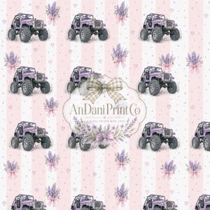 May include: A repeating pattern featuring purple monster trucks, lavender bouquets, and pink hearts on a striped background. The design includes the text "AndAni Print Co" with the tagline "Digital Prints with Love."