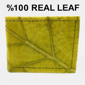 Puede incluir: Una cartera rectangular hecha de una hoja real, con venas visibles y un borde cosido. La cartera es de color amarillo verdoso, y el texto "%100 REAL LEAF" está impreso en la parte superior.
