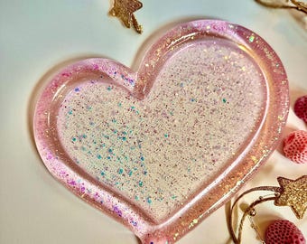 Pink Resin Heart Trinket Dish | Glitter & Pressed Flower Jewelry Tray | Dopamine Decor Catchall Dish | Fun Haus Gift