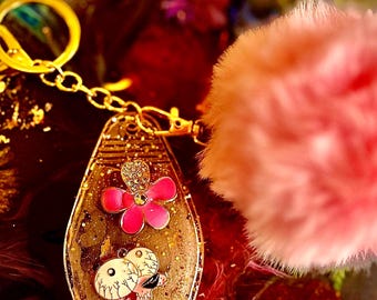 The "Middle of Nowhere" Diamond Key | Surrealist Courage the Dog Resin Art | Pink Flower & Gold Glitter Tassel Keychain