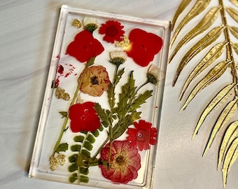 Real Pressed Red Floral Vanity Tray | Luxury Resin Perfume, Jewelry Dish