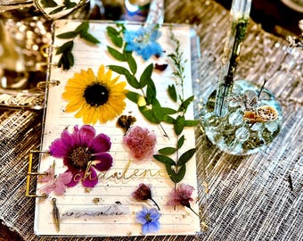 Pressed Wildflower Resin Journal Set | Gold Ring Hardcover Resin Notebook, Lined Pages & Custom Pen