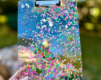 Confetti Resin Clipboard with Embedded Charms | Happy Planner Gift | Handmade Office Supply