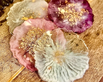 Magenta & Cerulean Blue Resin 4 Coaster Set with Gold Leaf - Translucent Jewel Tone Home Decor