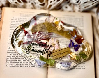 Poetcore Decorative Tray | Handmade Resin Vanity Tray with Gold Leaf, Pressed Botanicals & Handwritten Letters