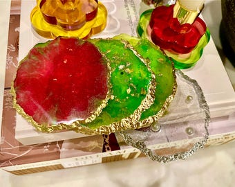 Agate Style Resin Coasters, Gold Border, Set of 4