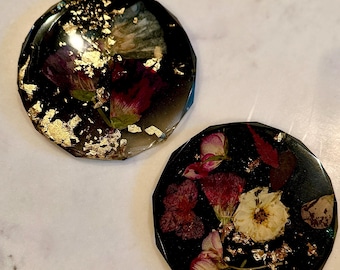 Black & Gold Floral Resin Diamond-Cut Coasters | Elegant Coaster Set