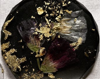 Black & Gold Floral Resin Diamond-Cut Coasters | Elegant Coaster Set