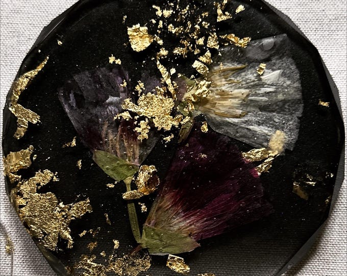 Featured listing image: Black & Gold Floral Resin Diamond-Cut Coaster | Glitz Glam Holiday Decor | Festive Bar Cart Decor