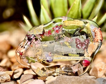 Poetcore Decorative Tray | Handmade Resin Vanity Tray with Gold Leaf, Pressed Botanicals & Handwritten Letters