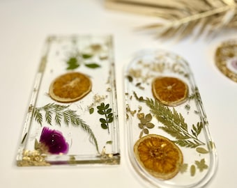 Custom Resin Vanity Tray Set, Real Flowers and Gold Flake