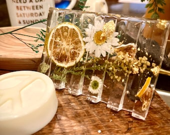 Handmade Resin Soap Dish with Real Flowers, Fruit & Gold Flakes