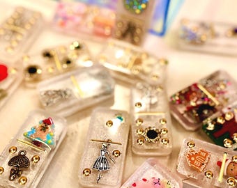 Handmade Christmas Dominoes Set | Nutcracker Resin Game with Gold Accents & Snow White Marbled Backing