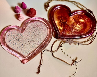 Pink Resin Heart Trinket Dish | Glitter & Pressed Flower Jewelry Tray | Dopamine Decor Catchall Dish | Fun Haus Gift