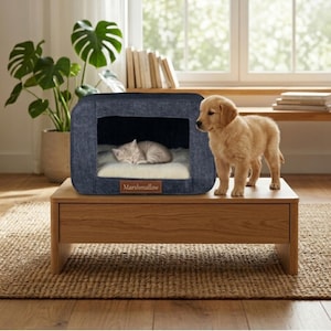 Puede incluir: Una cama azul marino para mascotas con una abertura rectangular, un cojín color crema y un gatito durmiendo dentro. Un cachorro de golden retriever está de pie junto a la cama sobre una mesa de madera. La cama tiene una etiqueta que dice "Marshmallow".