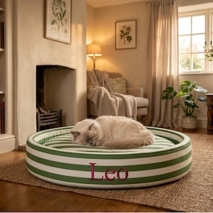 May include: A sleeping cat rests in a round pet bed with green and white stripes. The bed has the name "Leo" embroidered in pink. The bed is on a woven rug in a cozy room setting.