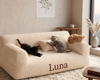 Luxus-Haustier Couch | Handgefertigtes Samt Hundebett mit Name | Katzensofa | Einzigartiges Geschenk für Hunde-Liebhaber | Schicke Tiermöbel