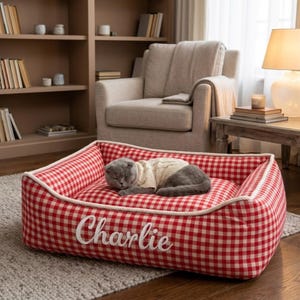 May include: A red and white gingham cat bed with the name "Charlie" embroidered in white. A gray cat wearing a white sweater is sleeping in the bed. The bed is rectangular with a white trim.