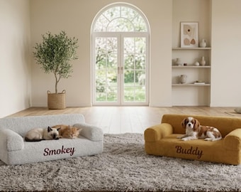 Custom Name Dog Sofa Bed | Personalized Fluffy Pet Couch | Handmade Gift for Dog Lovers | Small to Large Plush Pet Bed | Cozy Cat Couch