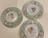 Vintage Meissen Reticulated Hand Painted Cherub Motif Wall Porclien Plates, Plate Collector, Vintage Meissen, Cherubs