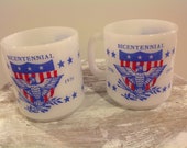 Two Vintage 1976 Glasbake Bicentennial Coffee Mugs, Milk Glass Eagles USA Collector Mugs, 1776 To 1976 Red White And Blue Patriotic Mugs