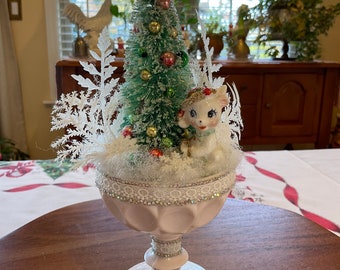 Adorable Vintage Pink Milk Glass Goblet Christmas Assemblage, Hand Made Christmas Pink Home Decor