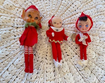 Vintage Christmas Elf Ornaments: Hand-Painted Cloth Face & Felt Outfits, 1950s Lot