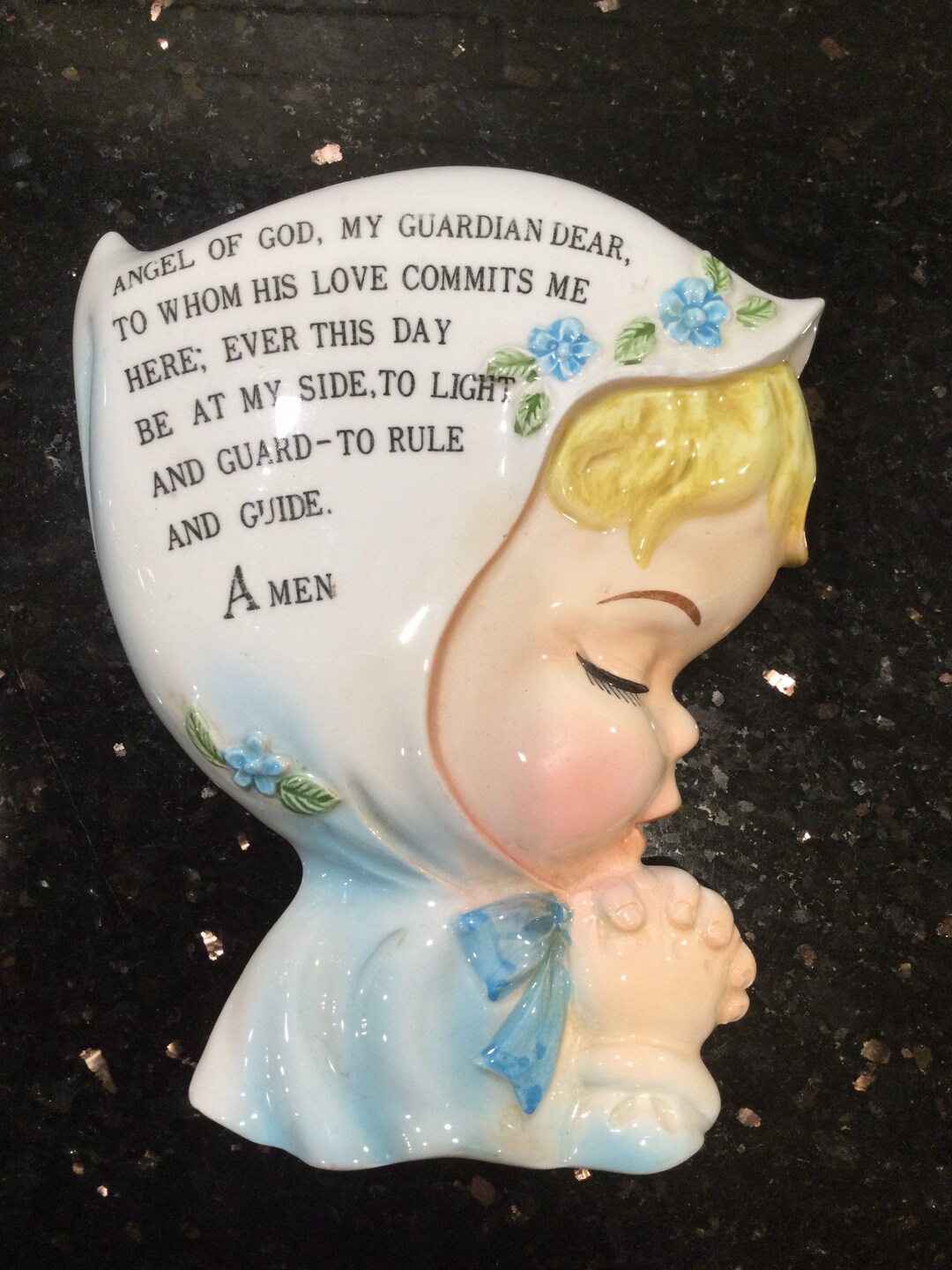 Vintage Lefton Blue Praying Boy Wall Plaque, now I Lay Me Down to Sleep