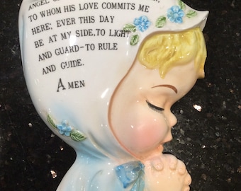 Vintage Lefton Blue Praying Boy Wall Plaque, “Now I Lay Me Down To Sleep “ Child’s Room Decoration, Wall Decoration